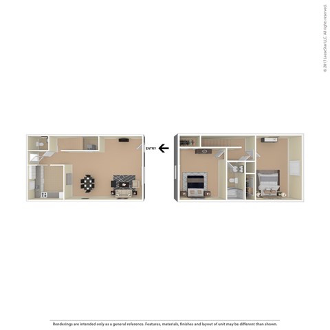 A floor plan of a two-bedroom apartment with a kitchen and living room.